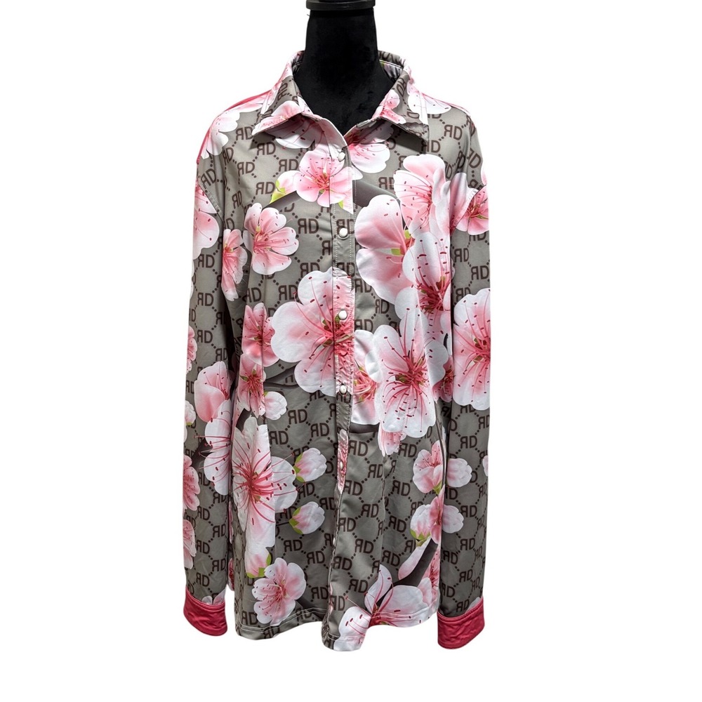 Ranch Dress'n Snap Up Shirt Womens 3XL Pink‎ Floral Monogram Stretch EUC